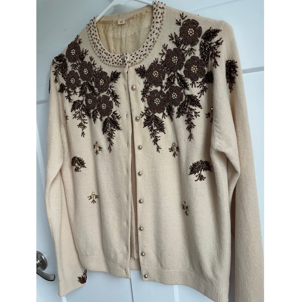 Vtg 1950s Hand Beaded Cardigan Cream Floral Bronze Glass Bead Sweater Lined 40 - Picture 4 of 14